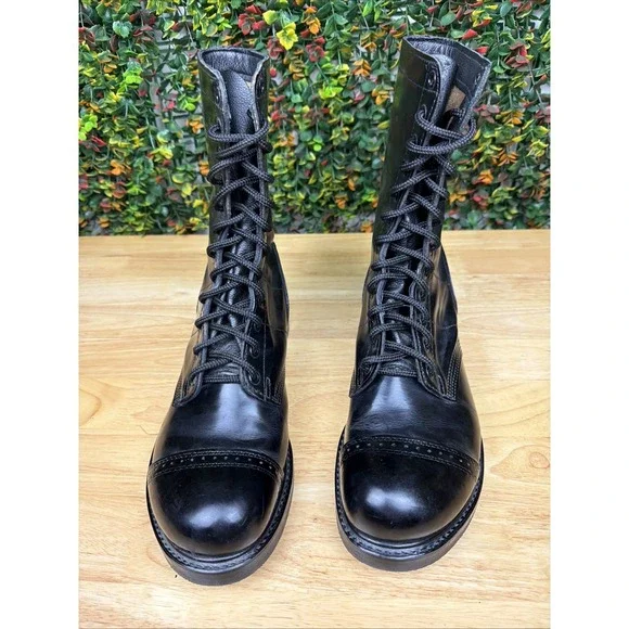 Double H 975 Black Leather Cap Toe Combat Jump Boots MADE IN USA MENS 12E 12 - Picture 2 of 7